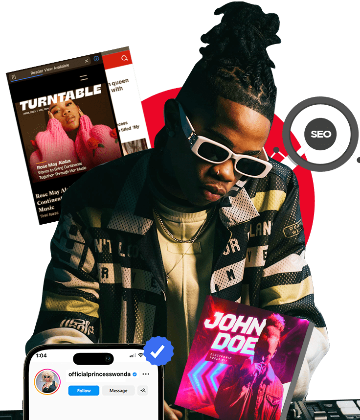 Artist surrounded by press, search and social profile graphics