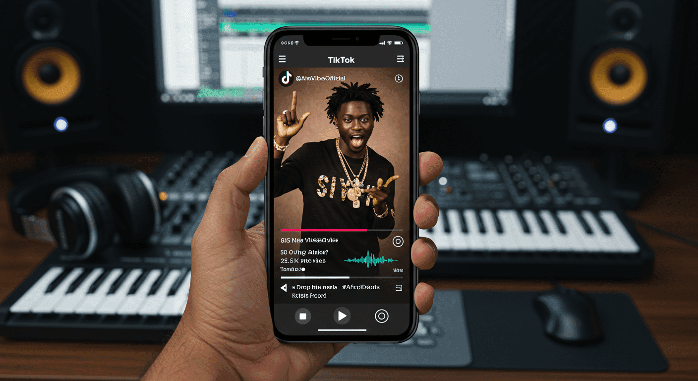 A TikTok video playing on a phone in a studio